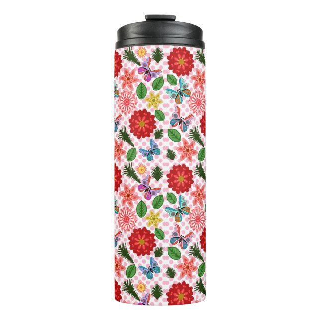 Modern Spring Garden Butterfly Floral  Thermal Tumbler (Front)