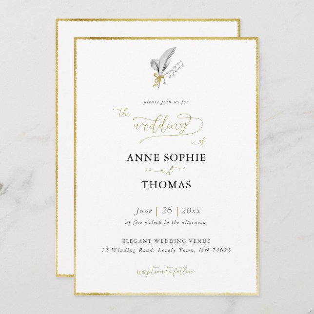 Modern Spring Lily of Valley Gold Bow Wedding Invitation (Front/Back)