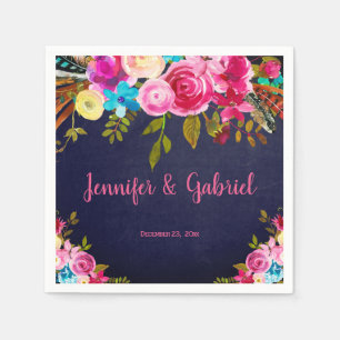 Modern Spring Pink Floral Navy Blue Wedding Napkin