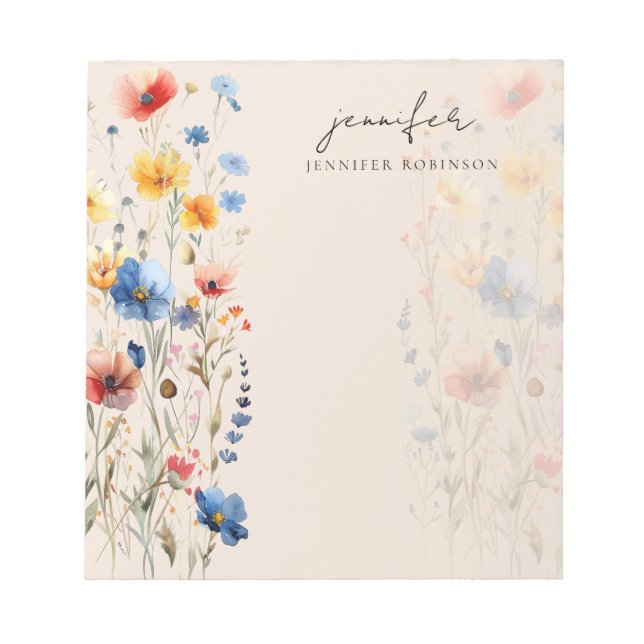 Modern Spring Summer Wildflowers Name Champagne Notepad (Front)