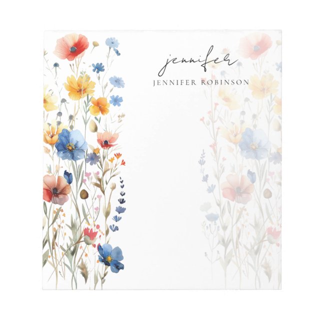 Modern Spring Summer Wildflowers w/ Name  Notepad (Front)