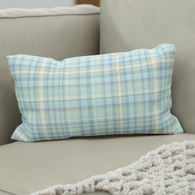 Modern Spring Tartan Figarations Figaro Blue Plaid Lumbar Cushion (Fun spring tartan lumbar pillow for your car or home. )