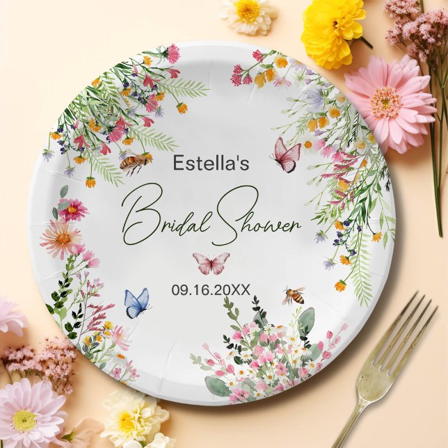 Modern Spring Wild Flowers Script Bridal Shower Paper Plate (Creator Uploaded)