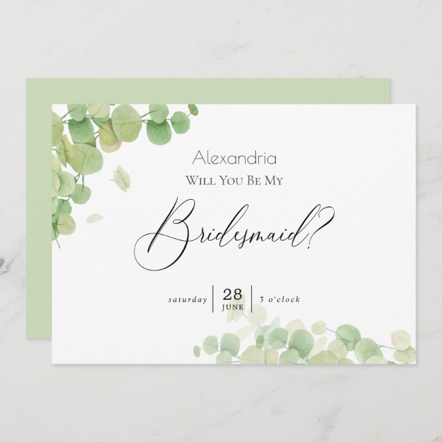 Modern Springtime Eucalyptus Be My Bridesmaid Invitation (Front/Back)
