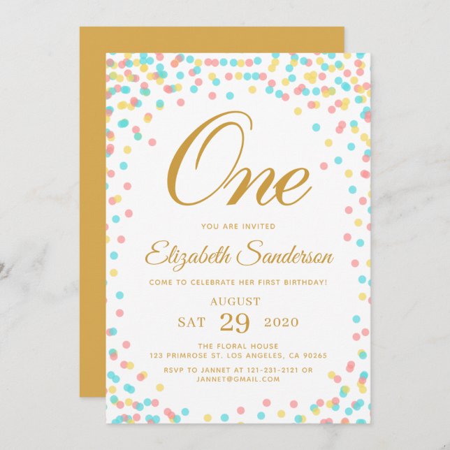 Modern Sprinkle Rainbow Gold Polka Dot Birthday Invitation (Front/Back)