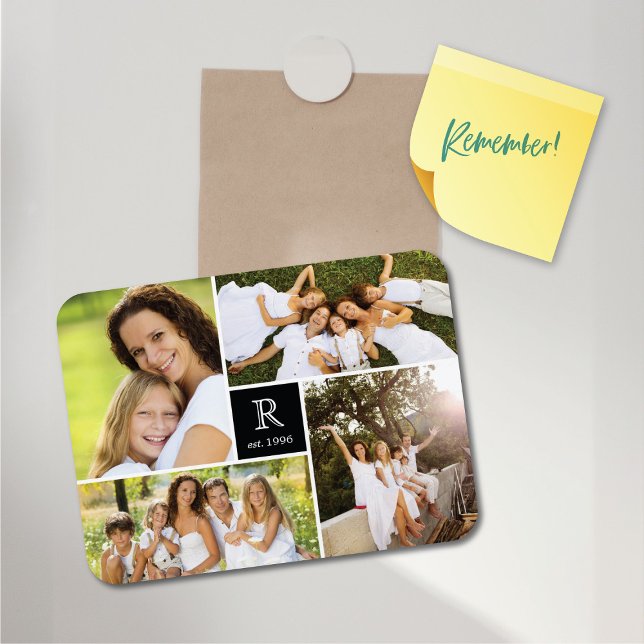 Modern Square Family Monogram Photo Collage Magnet (Modern Block Wedding Monogram 4 Photo Collage Flexible Magnet @ fat_fa_tin)