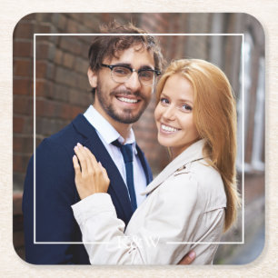 Modern Square Frame Monogrammed Photo Paper Coaster
