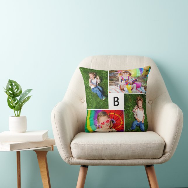 Modern Square Grid Monogram Simple 4 Photo Collage Cushion (Chair)