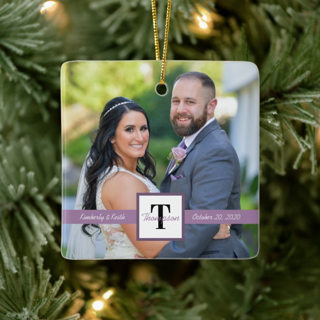Modern Square Newlywed Wedding Photo Ceramic Ornament (Tree)