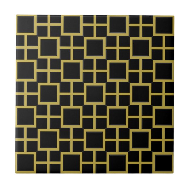 Modern Square Pattern Gold on Black Ceramic Tile (Front)