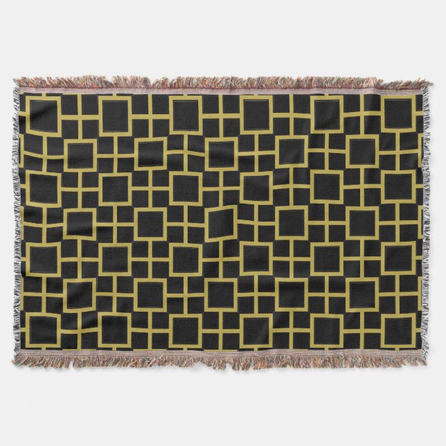 Modern Square Pattern Gold on Black Throw Blanket (Front)