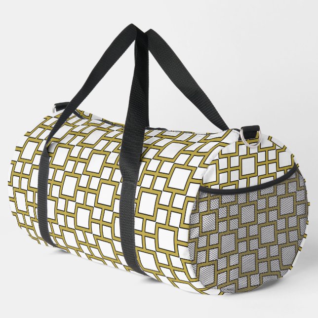 Modern Square Pattern Gold on White Duffle Bag (Right Corner)