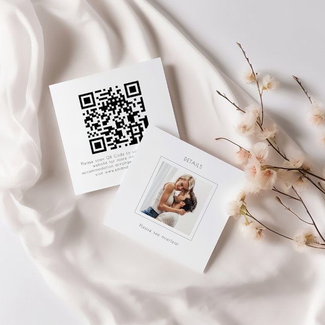 Modern Square Photo Wedding QR Code Details Enclosure Card (Front and back view)