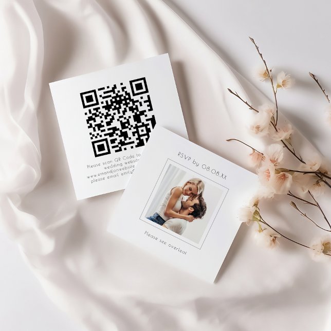 Modern Square Photo Wedding QR Code RSVP Enclosure Card (Front and back view)