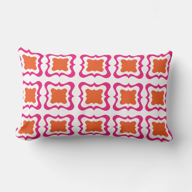 Modern Square Repeat Pattern Hot Pink Orange White Lumbar Cushion (Front)
