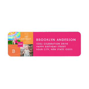 Modern Square Sketch ONE Girl Photo Birthday Party Return Address Label