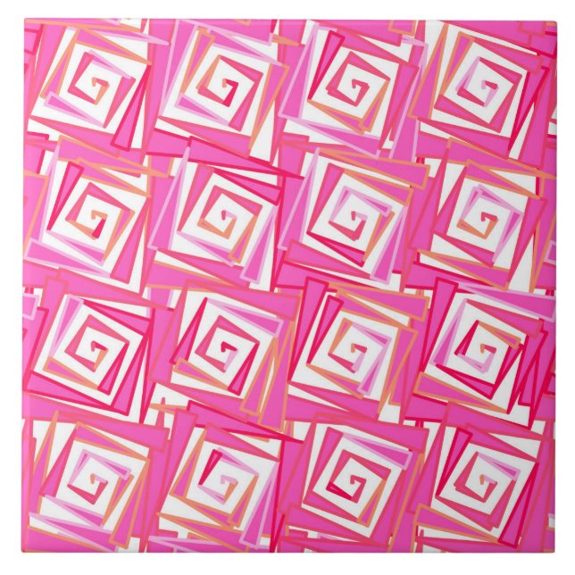 Modern Square Spirals, Coral Pink Ceramic Tile (Front)
