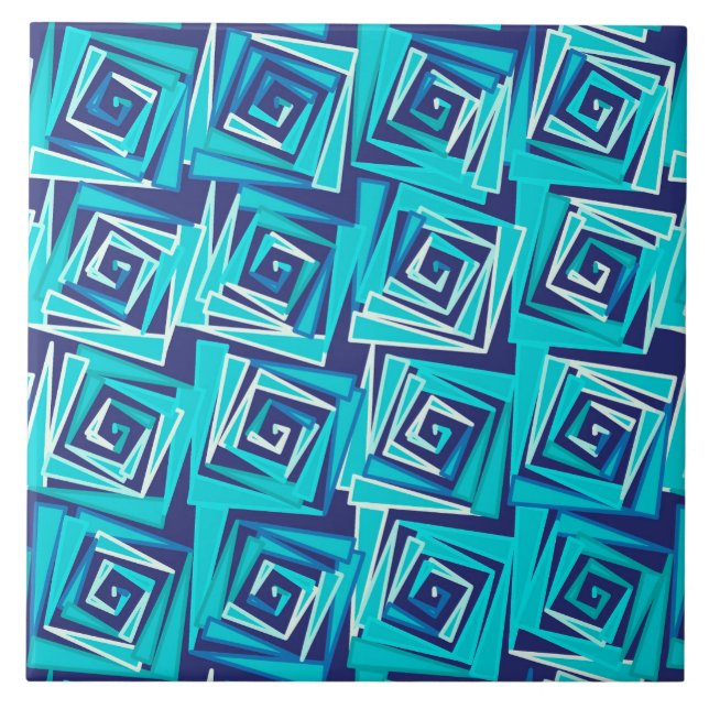 Modern Square Spirals, Navy and Aqua Ceramic Tile (Front)