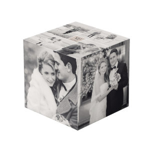 Modern Square Wedding Monogram 8 Photo Collage Cube