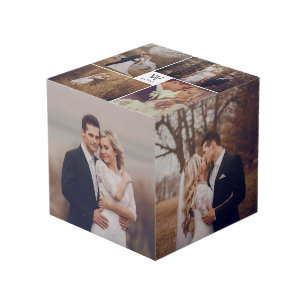 Modern Square Wedding Monogram 8 Photo Collage Cube