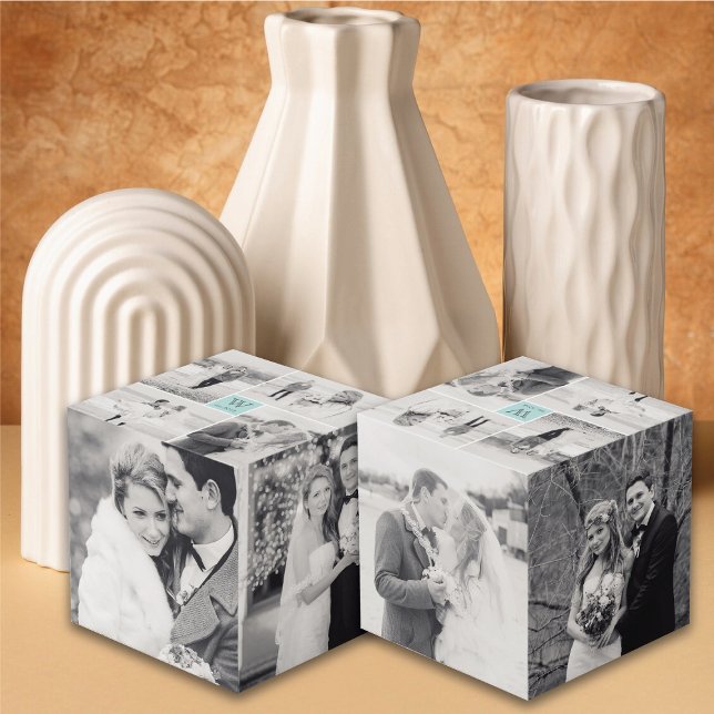 Modern Square Wedding Monogram 8 Photo Collage Cube (Modern Square Wedding Monogram 8 Photo Collage Cube @ fatfatin_blue_knot)