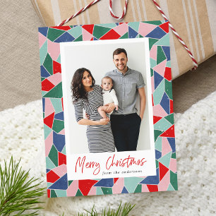 Modern Stained Glass Merry Christmas Photo Holiday Postcard