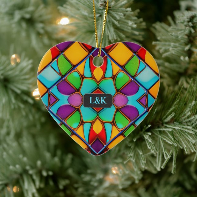 Modern Stained Glass personalised Couple Christmas Ceramic Ornament (Tree)