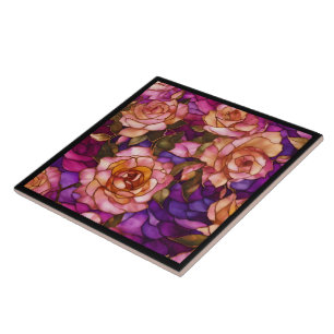 Modern Stained Glass Roses Elegant Collection Ceramic Tile
