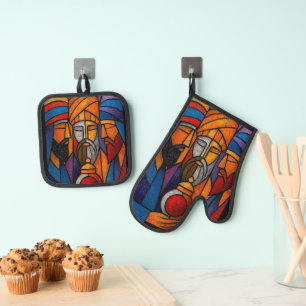 Modern Stained Glass Three Wise Men Oven Mitt & Pot Holder Set