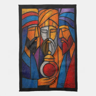 Modern Stained Glass Three Wise Men Tea Towel
