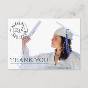 Modern Stamp Photo Graduation Thank You Blue Card