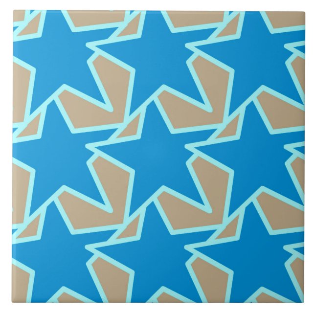 Modern Star Geometric, Cerulean Blue and Taupe Tan Ceramic Tile (Front)
