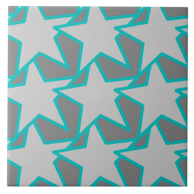 Modern Star Geometric, Grey and Turquoise Ceramic Tile (Front)