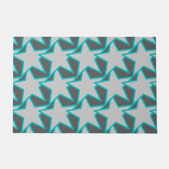 Modern Star Geometric, Grey / Grey and Turquoise Doormat (Front)