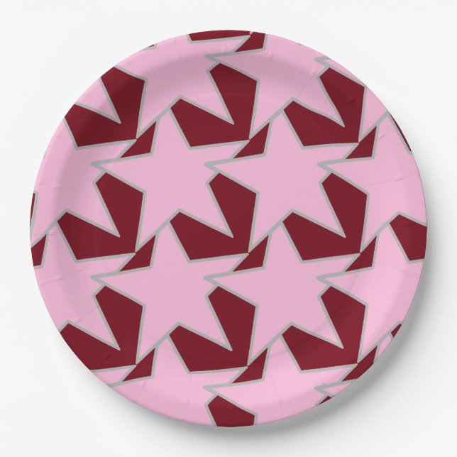Modern Star Geometric - pink and burgundy Paper Plate (Front)