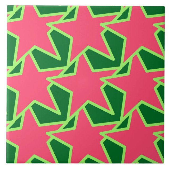Modern Star Geometric, Watermelon Pink and Green Ceramic Tile (Front)