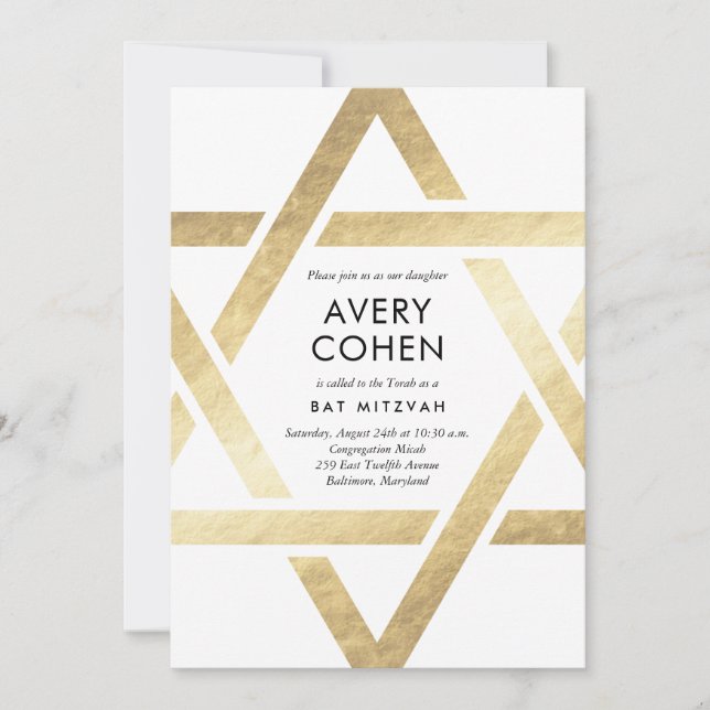 Modern Star Gold Foil Bat Mitzvah Invitation (Front)
