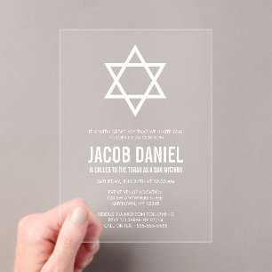 Modern Star of David Bar Mitzvah Acrylic Invitations