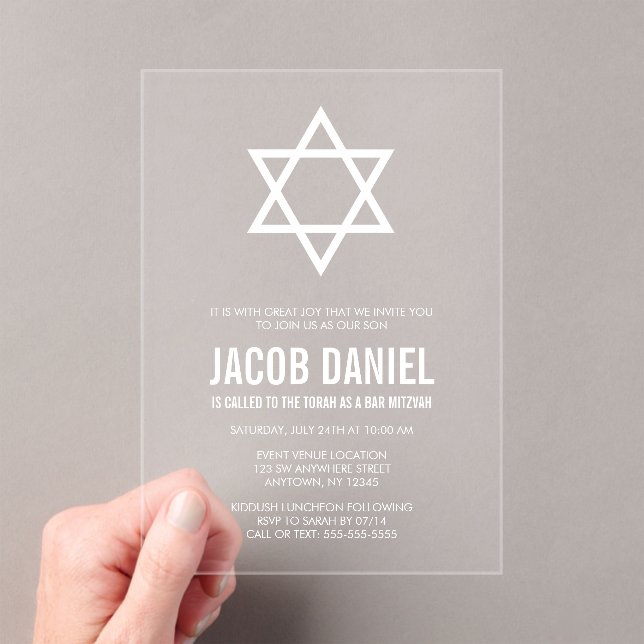 Modern Star of David Bar Mitzvah Acrylic Invitations (Insitu (Handheld))