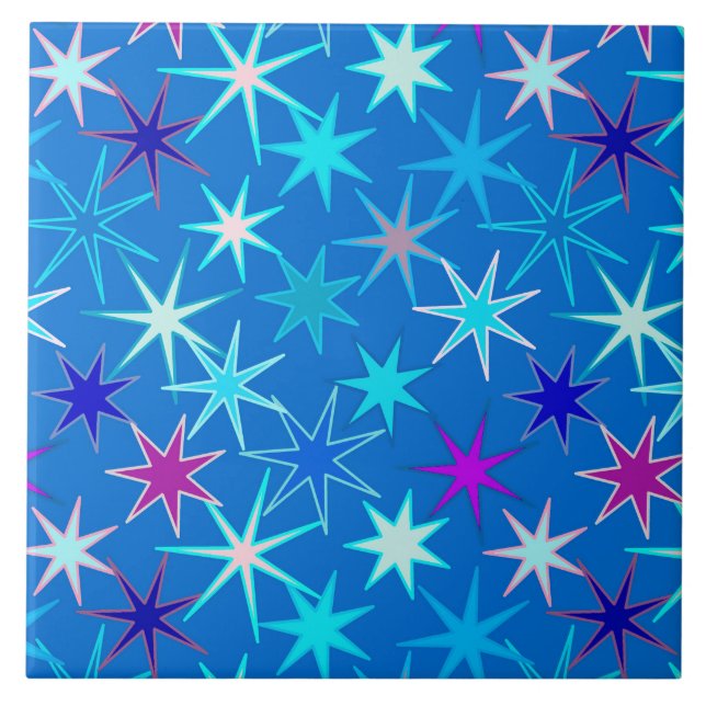 Modern Starburst Print, Deep Cerulean Blue Ceramic Tile (Front)