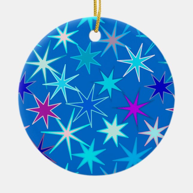 Modern Starburst Print, Deep Cerulean Blue Ceramic Tree Decoration (Front)