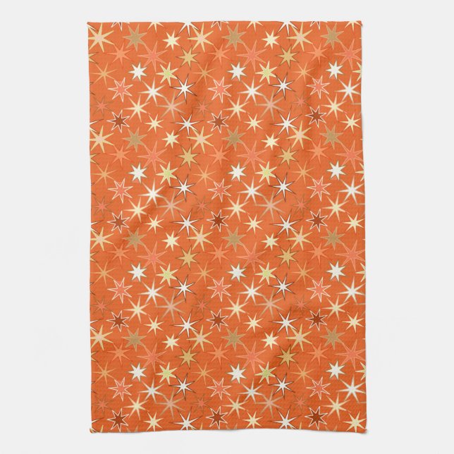 Modern Starburst Print, Deep Mandarin Orange  Tea Towel (Vertical)