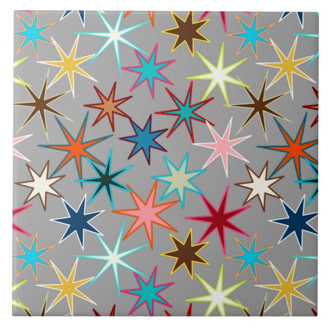 Modern Starburst Print, Jewel Colours on Grey Ceramic Tile (Front)