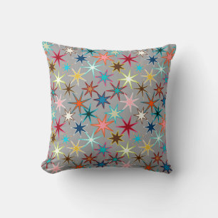 Modern Starburst Print, Jewel Colours on Grey Cushion