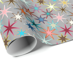 Modern Starburst Print, Jewel Colours on Grey Wrapping Paper