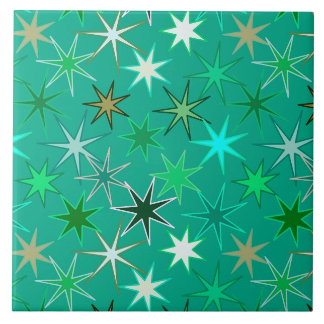 Modern Starburst Print, Turquoise and Aqua Ceramic Tile (Front)