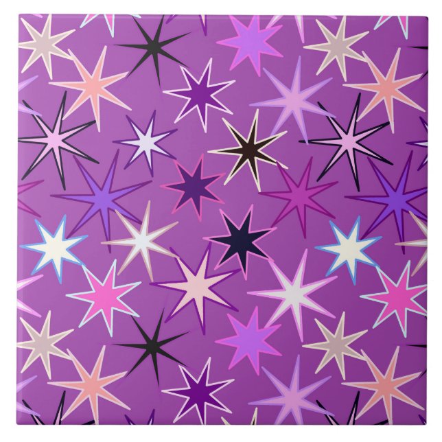 Modern Starburst Print, Violet Purple and Orchid Ceramic Tile (Front)