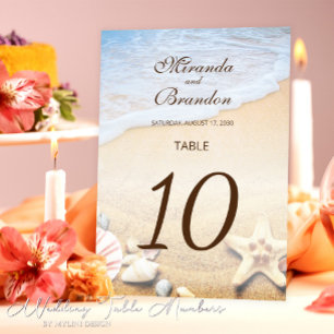 Modern Starfish and Shells Tropical Beach Wedding Table Number