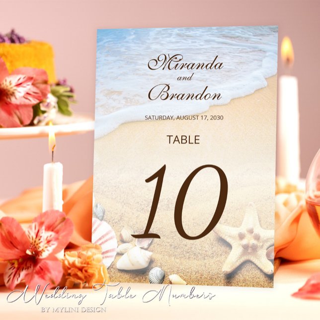 Modern Starfish and Shells Tropical Beach Wedding Table Number (Creator Uploaded)