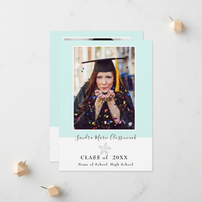 Modern Starfish Aqua Teal blue  graduation Announcement (Front/Back In Situ)